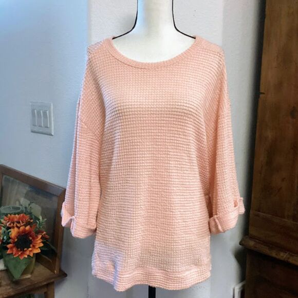 Umgee Waffle Weave Relaxed Loose Fit Women's Sweater Tunic in Peach Small - Picture 5 of 8